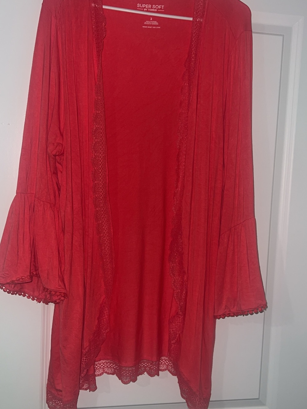 torrid Red Lace-Trim Open Front Bell sleeve cardigan